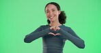 Heart, green screen and athlete with smile, portrait and symbol for love with hands, woman or space. Banner, emoji and finger shape for support, mockup or sign of kindness, peace or studio background