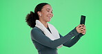 Woman, studio and fitness for selfie on green screen with mockup space with smile as influencer. Female person, social media and happy with exercises, workout and training for health and wellness