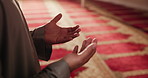 Islam, hands and man in mosque for prayer, devotion and faith in religion in Ramadan. Muslim, person and palms open in temple for respect, dua or spiritual healing in place of worship in Saudi Arabia