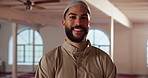 Muslim, confident or face of man in mosque for prayer, reverence and faith in religion in Saudi Arabia. Islamic, person and smile in temple for spiritual healing, praise and peace in place of worship