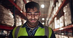 Logistics, man and tablet in warehouse for checklist, customer order and inventory management. Male worker, digital technology and storage in company for consignment, distribution and supply chain