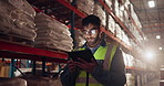 Logistics, man and tablet in storage for order, stock control and inventory management. Male worker, digital technology or warehouse of shipping company for item update, distribution or supply chain