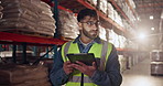 Logistics, man and tablet in warehouse for order, checklist and inventory management. Male worker, digital technology and storage in shipping company for export, distribution and supply chain