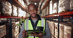 Portrait, black man and tablet in warehouse for logistics, checklist and inventory management. Male worker, digital technology and smile in factory of shipping company, distribution and export goods