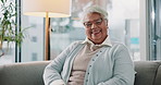 Senior, woman and happy face on sofa, retirement home and confident pensioner in apartment living room. Smile, morning and relaxing or good mood, calm and couch on weekend break for elderly care
