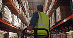 Man, warehouse and back walking with trolley, pulling and pallet jack for distribution career or professional. Logistics, wholesale and boxes in storage factory, shipping and supply chain with loader