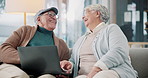 Senior couple, happy and laptop for smile, laughing and communication in living room. Mature man, woman and relaxing on sofa or couch in house, bonding and together in retirement with technology
