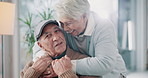 Senior, couple and hug with love at house for support of retirement, emotional comfort and marriage commitment. Elderly, people and smile with embrace for relationship loyalty, care and trust on sofa