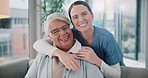 Senior, woman and hugging nurse or face, wellness and retirement house with caregiver or happiness on couch. Woman, healthcare and employee with kindness portrait, living room and love or support