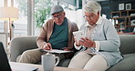 Calculator, clipboard and wealth with senior couple on sofa in living room of retirement home for discussion. Bank, budget and pension with elderly people in apartment for finance or investment
