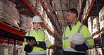 Shipping, tablet and man with woman in warehouse for inspection, supply chain or inventory check. Export, checklist and employees in discussion for distribution, logistics or review merchandise