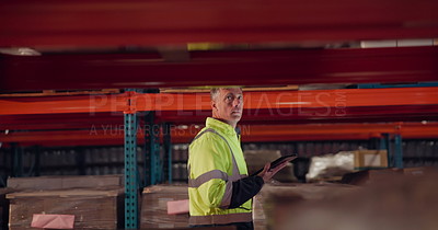 Someone Inspecting Inventory Inspection, man and tablet for logistics in warehouse with inventory ...
