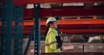 Inspection, woman and tablet for logistics in warehouse with inventory checklist, supply chain and distribution courier. Person, digital and industry stock, storage service and manufacturing site