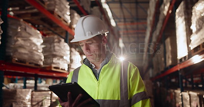 Someone Inspecting Inventory Inspection, man and tablet for logistics in warehouse with inventory ...
