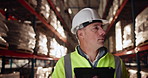 Inspection, tablet and man for logistics in warehouse with inventory checklist, supply chain and distribution courier. Person, digital and industry stock, storage service and manufacturing safety