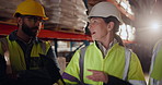 Storage, laptop and business people in warehouse, engineering and cooperation with planning. Group, employees and inspector with pc, internet or online schedule with logistics, productivity and talk