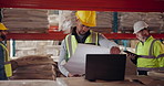 Architect, man and laptop with blueprint at warehouse planning a building design, layout and project. Logistics, construction and engineering person with idea or floor plan for property development