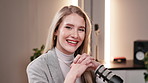 Happy woman, podcast and influencer with mic for audio vlog, broadcast or radio reporter in remote work. Portrait of young female person, professional or host speaker with microphone for global news