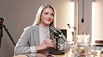 Mic, podcast and woman with discussion in meeting for recording, information and live streaming. Broadcast, guest and smile with conversation for celebrity news update, content creation and talk show