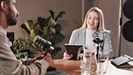 Tablet, microphone and people on podcast for interview with talk show on finance news. Digital tech, live streaming and host with guest for advice on wealth management for financial growth broadcast.