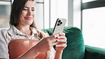 Happy, relax and woman with phone on sofa for social media, communication and networking. Apartment, home and person on smartphone for chatting, browse website and online dating in living room