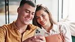 Phone, happy couple and relax in home for online shopping, purchase and payment together. Mobile, man and woman on website for customer review, laughing and reading funny meme on app in living room