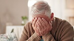 Senior man, sad and hands on face in home with stress or grief and worried with loss. Male person, sofa and emotional or cry with depression for health problems, condition and diagnosis as pensioner