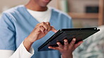 Caregiver, woman and hands with typing on tablet for patient schedule and telehealth at retirement home. Female person, nurse and internet with research on elderly care, medical support and help