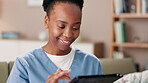 Caregiver, black woman and happy with tablet for patient schedule and telehealth in retirement home. Female person, nurse and smile on internet with research on elderly care, support and help