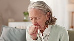 Sick, cough and senior woman in home with asthma or pneumonia, lung cancer and breathing problem. Elderly person, tuberculosis or choking on couch for dysphagia with health risk, pain and flu virus