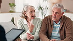 Elderly, couple and talking therapist with tablet for therapy consultation, relationship advice and marriage crisis. Stress, senior people and help of divorce counselling, conflict problem or house