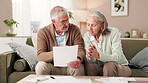 Senior couple, home and calculator with document in living room for finances on water or electricity bills. People, relationship and paperwork with invoice for bank loan or mortgage and interest rate