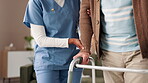 Caregiver, support and senior person with disability of walking frame for mobility development, trust and recovery. Nurse, patient and rehabilitation for muscle progress, care and physical therapy