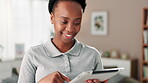 Caregiver, woman and smile with scroll on tablet for patient schedule and health report at retirement home. Female person, volunteer and internet for research on elderly care, medical support or help