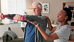 Senior, man and stretching with dumbbells or nurse in retirement home for fitness routine, activity and rehabilitation. Old person, caregiver and physical therapy for strength training and support.