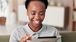 Happy black woman, tablet and internet scroll with meme, watching video and online comic strip. African lady, tech and laugh for social media comment, streaming comedy movies and funny ebook in home