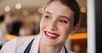 Woman, smile and waitress with confidence, small business and open door as employee in cafe. Female person, barista and pride in industry, hospitality or customer service with happiness at workplace