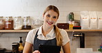 Small business, woman or portrait in cafe with tablet, smile or pride for financial growth. Entrepreneur, tech or happy in startup coffee shop for increase in trade, industry success or customer care