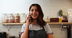 Phone call, waitress and woman in cafe for online order, food delivery or coffee takeaway. Small business, restaurant and barista speaking to client for discussion, digital sale or customer service