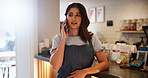 Phone call, talking and woman in restaurant for online order, food delivery or coffee takeaway. Small business, cafe and barista speaking to client for discussion, digital sale or customer service