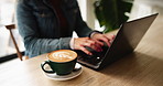 Woman, hands and laptop in cafe for coffee with writing email, remote work and data analysis. Talent acquisition manager, computer and latte with research, candidate evaluation and online cv review