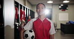 Locker room, face and woman with soccer ball for sports, competition and game match with confidence. Portrait, female person or professional player with football for trick, playing and smile of girl