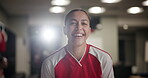 Locker room, football and face of girl for sports, competition and game match with confidence. Portrait, female person or professional player with pride for soccer, playing and laugh of woman