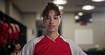 Fitness, confidence and face of woman soccer player in locker room for match, game or tournament. Serious, expression and portrait of young female athlete with challenge, courage or motivated