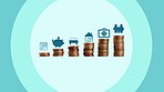 Finance, abstract and coin stack with icon for capital gain, investment and increase in savings. Financial security, economy and graphic of growth with symbol for money, budget or allocation of funds