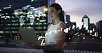 Laptop, chart icons and businesswoman in city on building rooftop for trading commodities online. Financial graphs, computer and broker with stock market for blockchain investment in town at night.