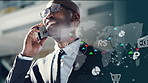 Phone call, finance hologram and businessman in office for communication on cryptocurrency share price. Contact, cellphone and African broker with trading overlay for online investment risk client.