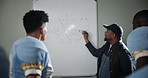 Football, whiteboard and group with coach, planning for training and sports with activity. People, teamwork and players with trainer, tactics or cooperation with conversation, feedback or review game