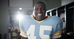 Black man, face and American football player in locker room with smile for sports, contest and ready for game. Person, athlete and happy in portrait for competition, stadium and franchise in Florida