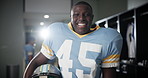 Black man, American football and locker room with smile for sport, helmet and ready for game in competition. Excited person, athlete and happy in portrait for contest, club or franchise in Florida